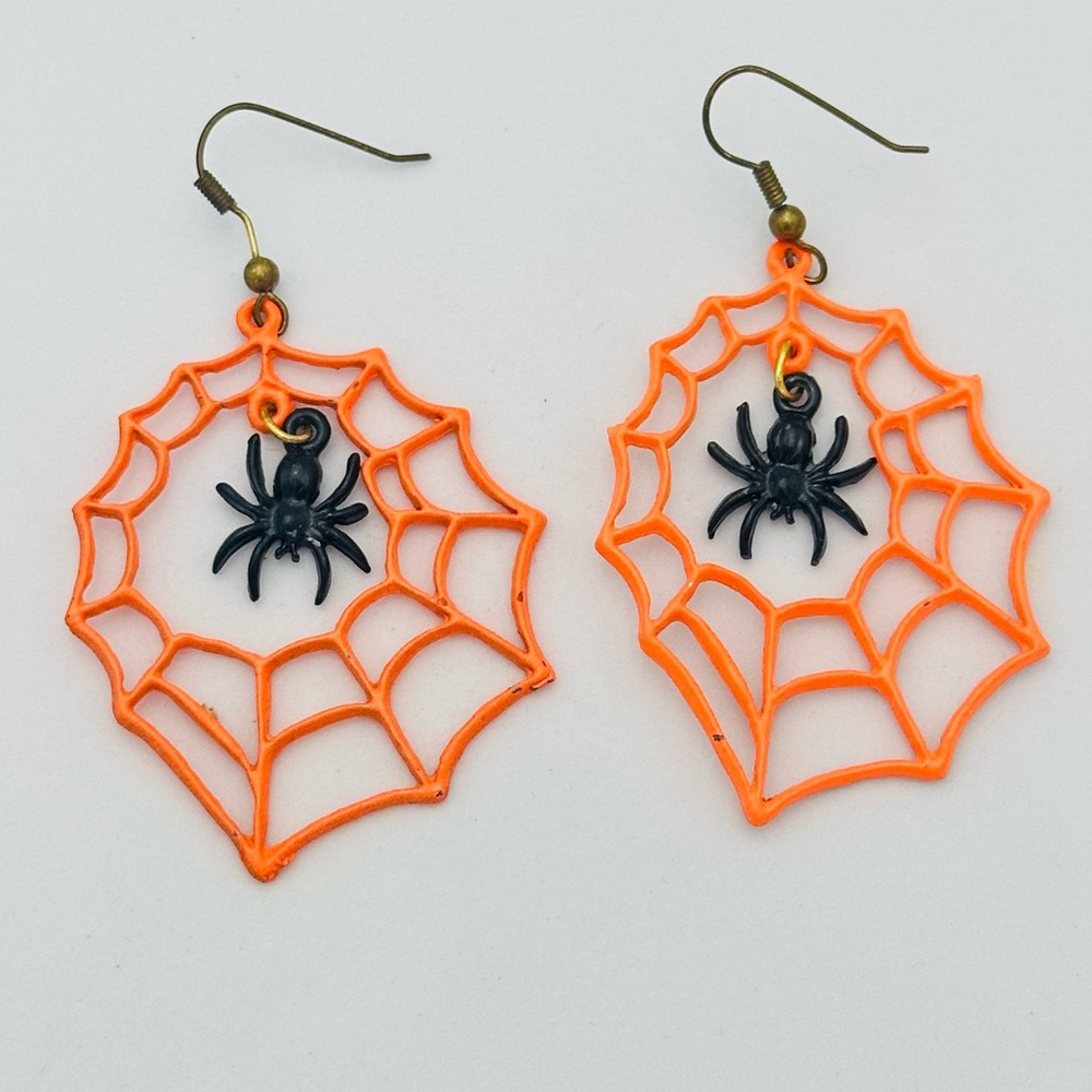Orange Enamel Spider Web Earrings Pierced Dangle Halloween